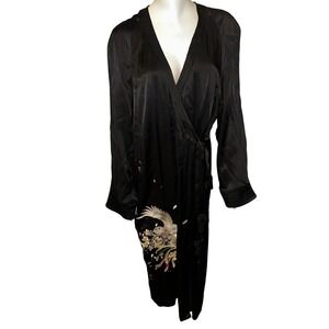 Zara Kimono Dress Black Satin With Phoenix Bird Embroidered Kaftan‎ Medium NWOT